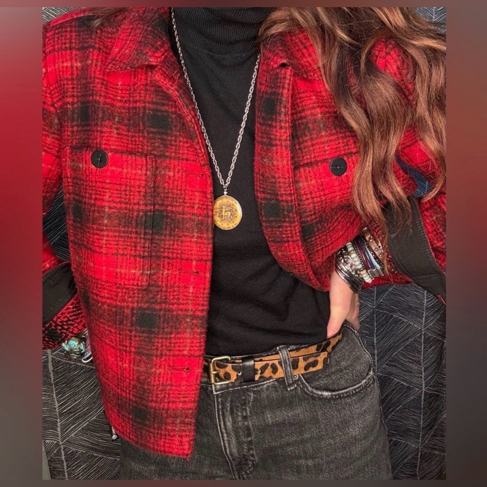 J. Jill Red and Black Plaid Utility Jacket/Barn Coat/Blazer